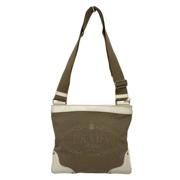 PRADA Logo Jacquard - Beige White Leather Jacquard Shoulder Bag 577-072125 - Picture 1 of 9
